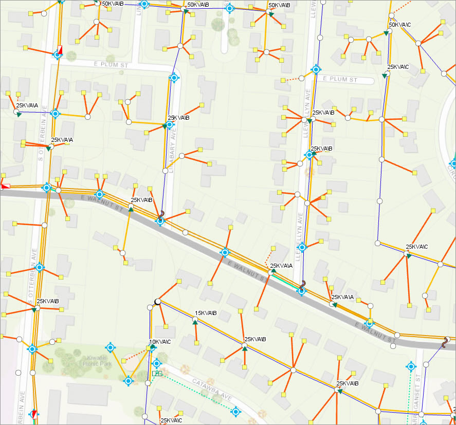 An electric network for a neighborhood is displayed using ArcGIS. An electric network for a neighborhood is displayed using ArcGIS.