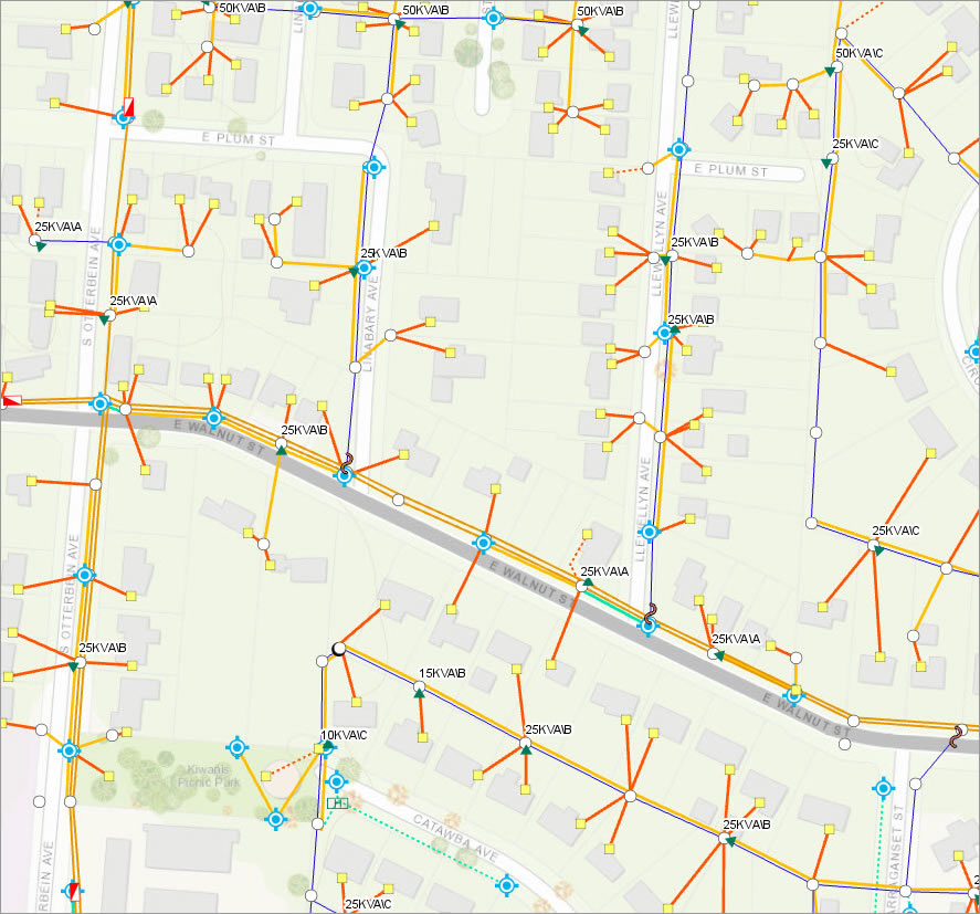 An electric network for a neighborhood is displayed using ArcGIS.