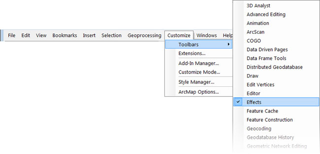 Access the Effects toolbar from the Customize menu.