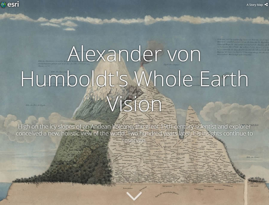 Esri created a story map using the Story Map Cascade app to showcase Humboldt's travels and discoveries in South America. This story map uses maps, text, photos, portraits, drawings, and infographics.