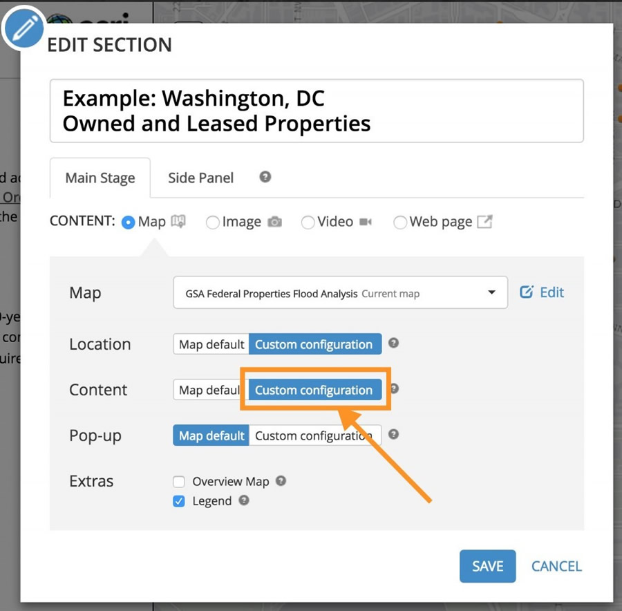 Set a custom configuration for Content to toggle layer visibility in a story map section. Set a custom configuration for Content to toggle layer visibility in a story map section.