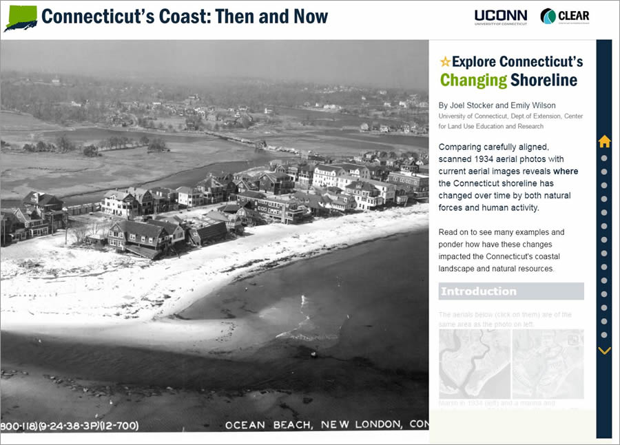 This story map from Emily Wilson and Joel Stocker of the University of Connecticut uses historic and current imagery to compare Connecticut's coast over time.