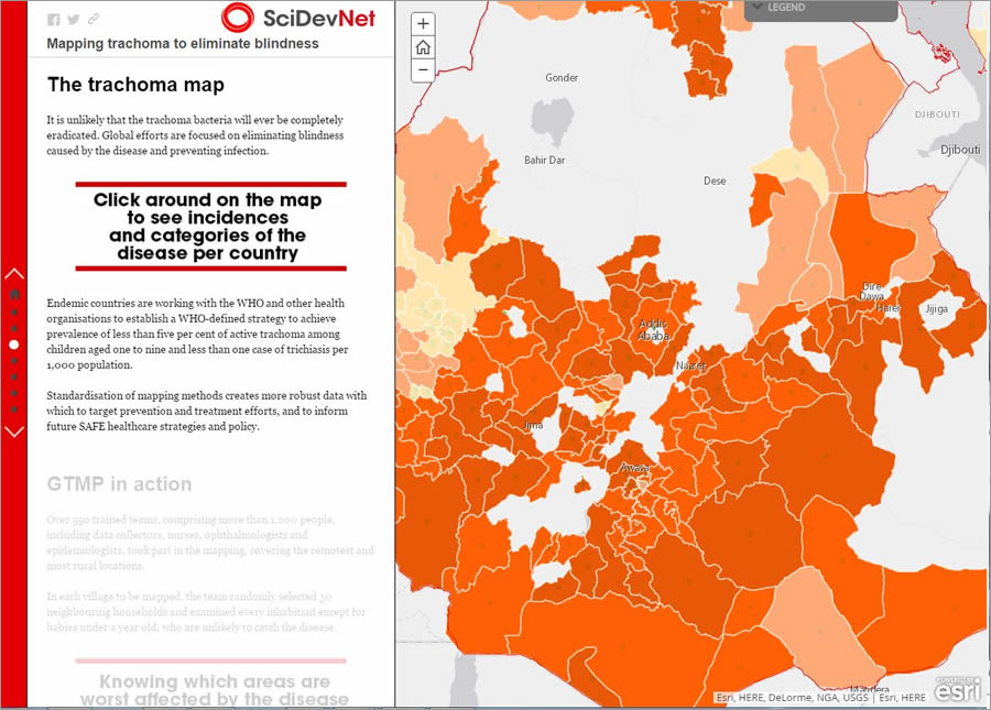 Shannon Harmon, Andrew Lee, and Nicola Pearson teamed up to create this story map to show where and how trachoma, a disease that can cause blindness, is being treated.