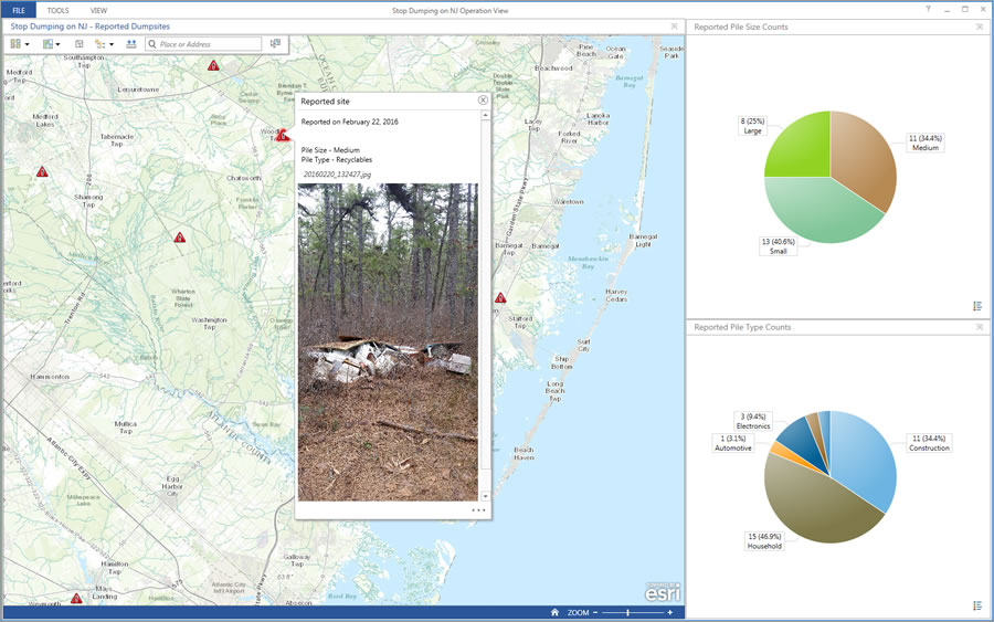 DEP staff can see the locations and photos of reported illegal dumping sites via a dashboard on ArcGIS Online. DEP staff can see the locations and photos of reported illegal dumping sites via a dashboard on ArcGIS Online.