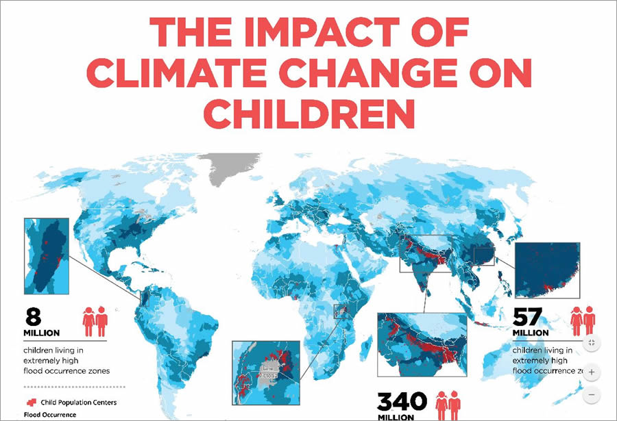 This map was designed to highlight areas of the world where children are very vulnerable to risks caused by climate change, including severe flooding.