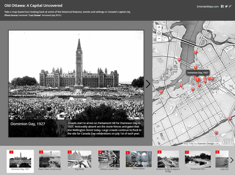 Esri Canada's App of the Month for July 2016, Old Ottawa A Capital Uncovered, contextualizes historical photos of features, events, and settings on a map of Canada's capital.