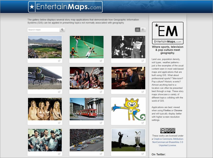 Gallant's EntertainMaps website explores various popular culture topics. It features story maps including Off to the Races: NASCAR's Biggest Tracks; Jurassic Park: Lights, Camera, Hawaii! and Seinfeld: A Map about Nothing. Gallant's EntertainMaps website explores various popular culture topics. It features story maps including Off to the Races: NASCAR's Biggest Tracks; Jurassic Park: Lights, Camera, Hawaii! and Seinfeld: A Map about Nothing.
