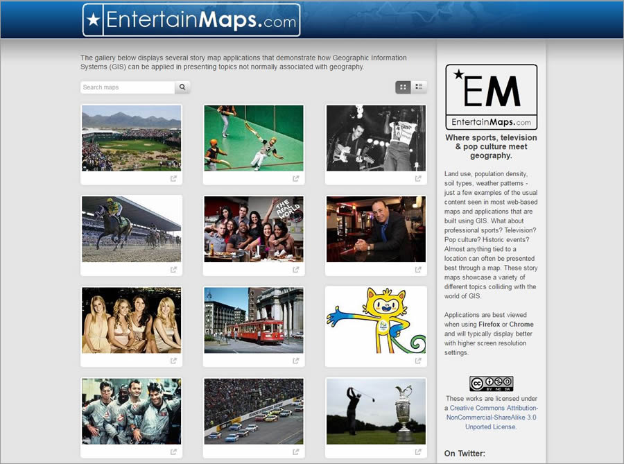 Gallant's EntertainMaps website explores various popular culture topics. It features story maps including Off to the Races: NASCAR's Biggest Tracks; Jurassic Park: Lights, Camera, Hawaii! and Seinfeld: A Map about Nothing.