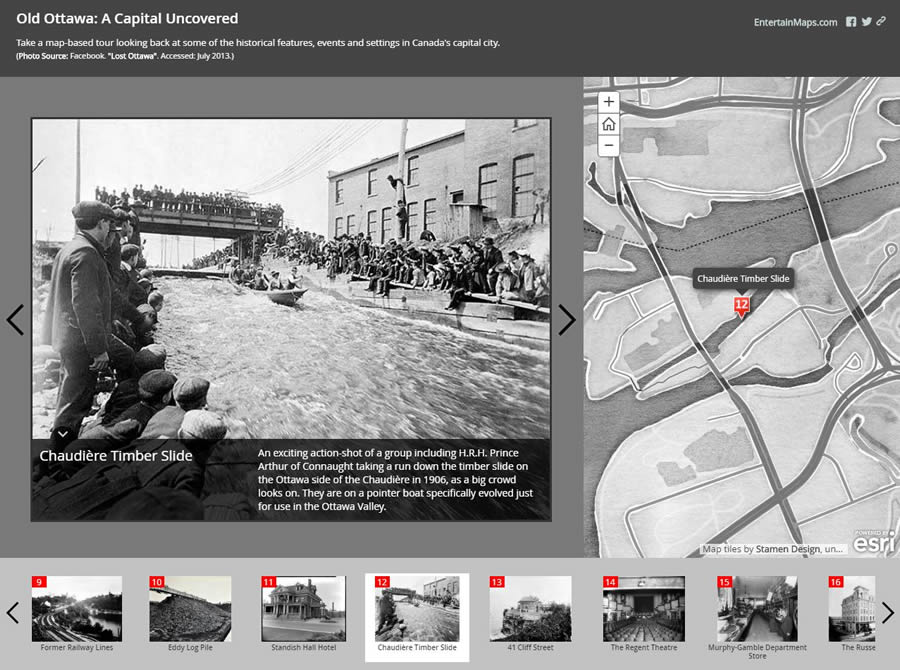 Gallant created the Old Ottawa app using the Story Map Tour Template, which is ideal for presenting a linear, place based narrative featuring images or videos.