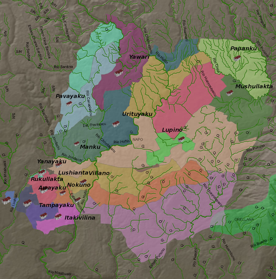 A zoning map that shows families and community centers in the Kichwa indigenous community. A zoning map that shows families and community centers in the Kichwa indigenous community.
