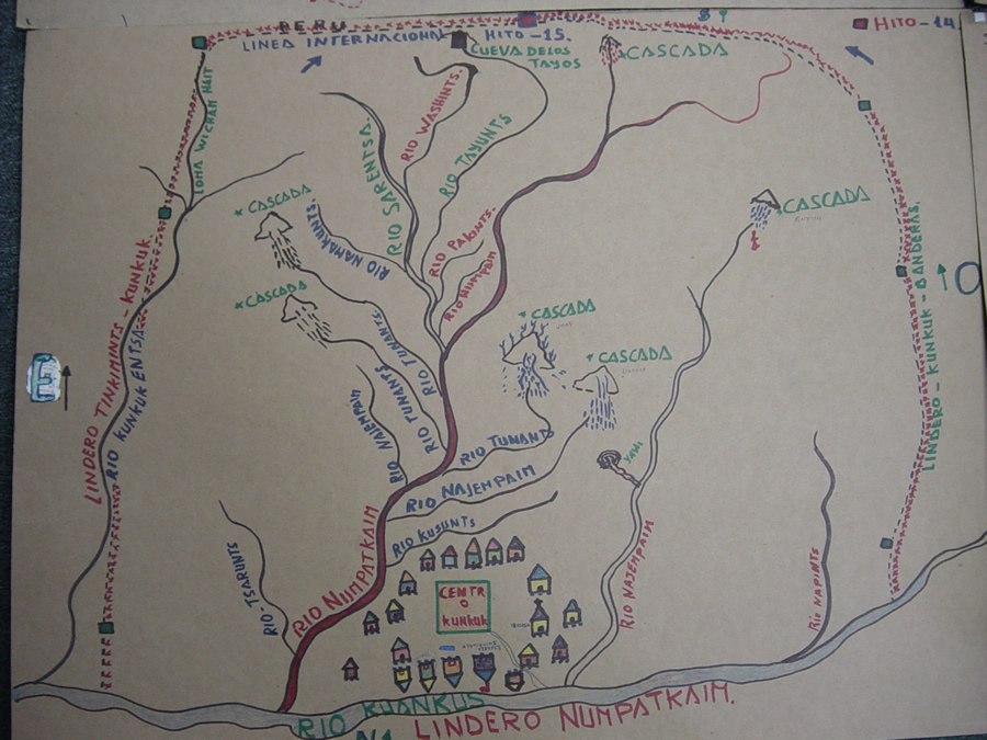 A hand drawn community map includes houses, rivers, and waterfalls in the territories in Transkutuku. Photo courtesy of AmazonGISnet. A hand drawn community map includes houses, rivers, and waterfalls in the territories in Transkutuku. Photo courtesy of AmazonGISnet.