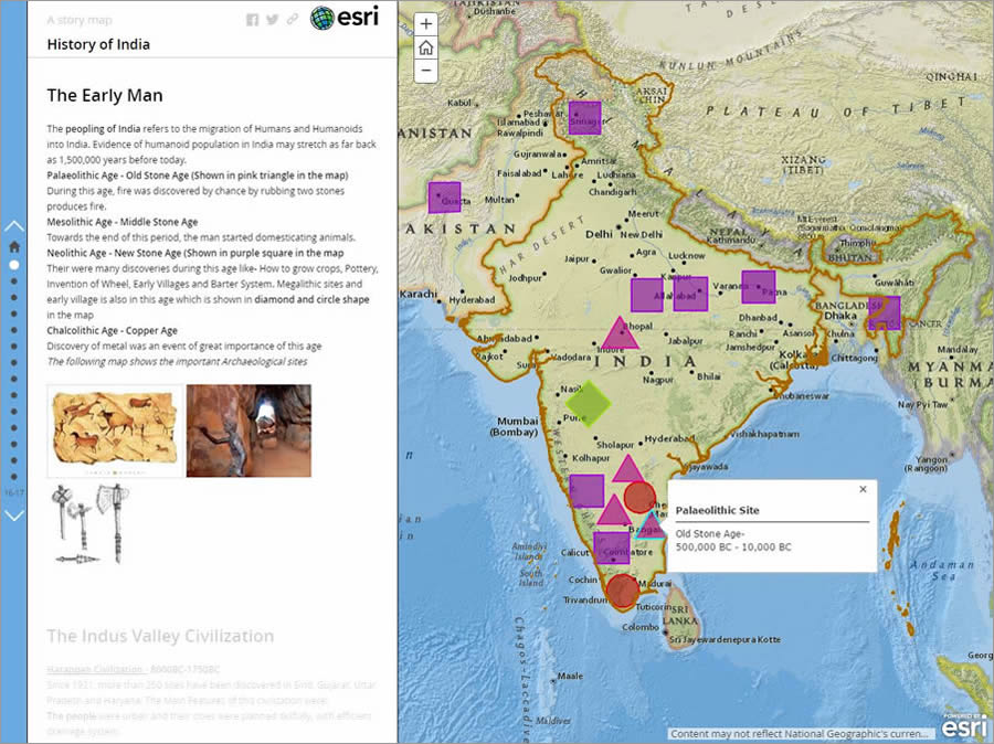 The symbols on the map mark various ages in history, including the Paleolithic and Neolithic ages.