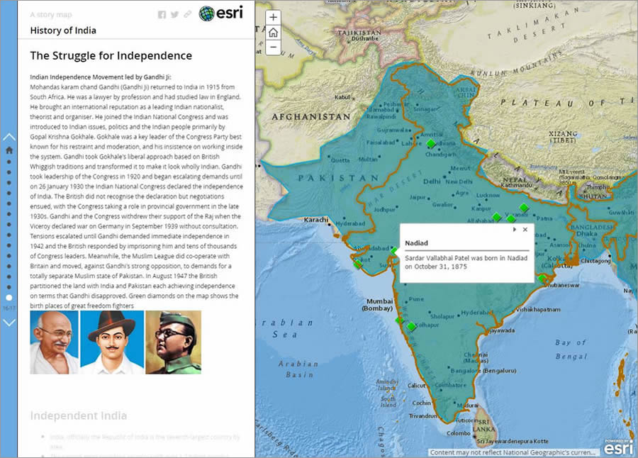 The birthplaces of some of the leaders of India's independence movement are displayed on this map.