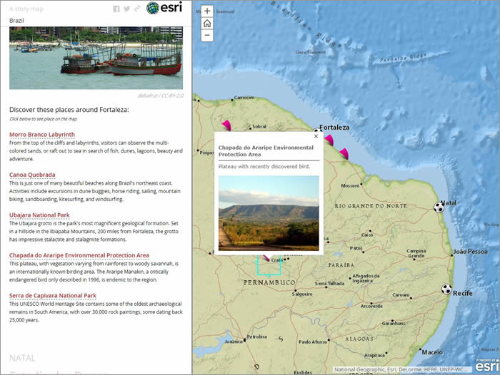In the Brazil beyond the Stadiums Journal app, clickable actions have been defined in the text that automatically display pop-up windows on the map. In the Brazil beyond the Stadiums Journal app, clickable actions have been defined in the text that automatically display pop-up windows on the map.