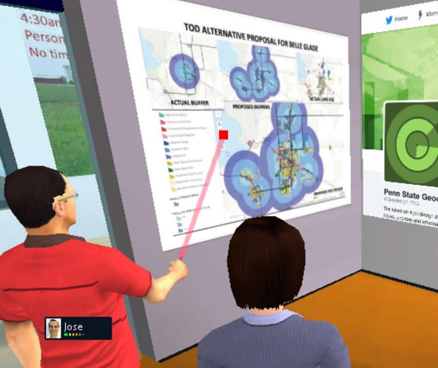 José Rivas of Mexico, a student in the Master of Professional Studies in Geodesign program at Penn State, gives a presentation using his avatar and a simulated laser pointer. José Rivas of Mexico, a student in the Master of Professional Studies in Geodesign program at Penn State, gives a presentation using his avatar and a simulated laser pointer.