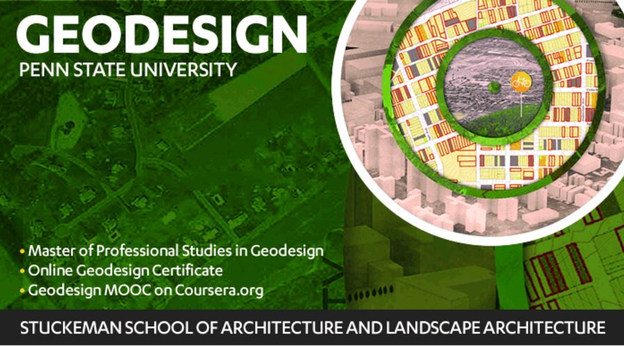 Penn State's online geodesign graduate programs are housed in the Stuckeman School of Architecture and Landscape Architecture. The programs are offered in collaboration with the university's Geography Department's Master of Geographic Information Systems program. Penn State's online geodesign graduate programs are housed in the Stuckeman School of Architecture and Landscape Architecture. The programs are offered in collaboration with the university's Geography Department's Master of Geographic Information Systems program.