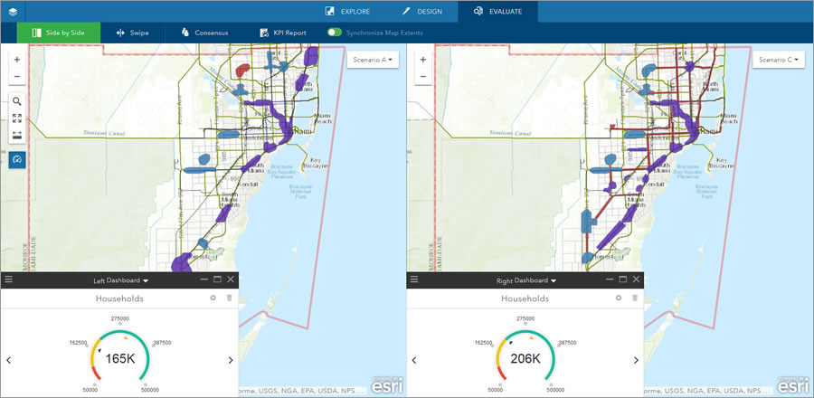 Student Shannon McElvaney studied where 330,000 households could be accommodated in the future in growing Miami-Dade County, Florida. McElvaney used Esri GeoPlanner for ArcGIS to analyze different scenarios. In scenario A, he tried to put most new development in areas conducive to transit oriented development. "By picking areas along routes of high traffic and high intensity land use, we were able to sketch in about 165,000 households," he said. In scenario C, sea level rise was considered. That factor eliminated some coastal development and added more development inland, resulting in 206,000 households being accommodated.