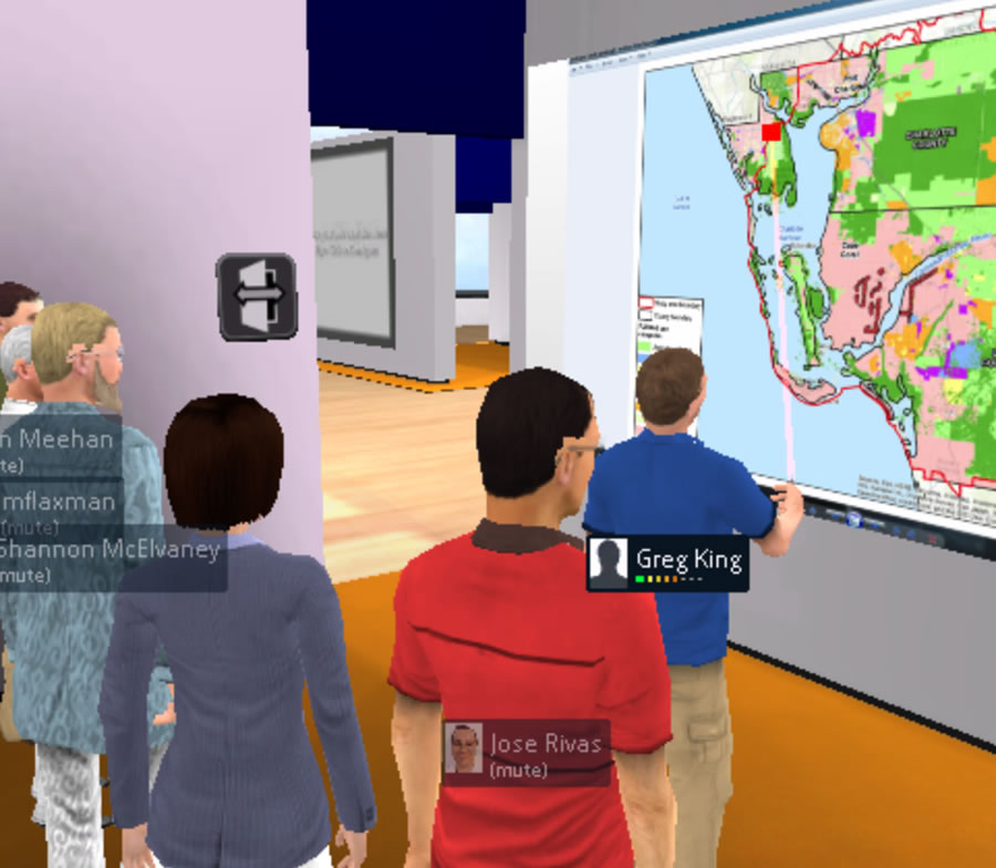 Geodesign student Greg King of Australia shares his home computer screen to show his design proposals to classmates and guest critics, all of whom assemble virtually in an avatar-based meeting space.