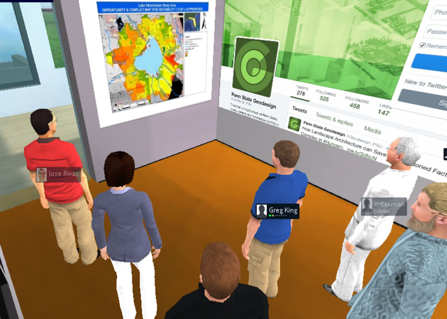 An avatar representing Michael Flaxman (in the white suit), a geodesign faculty member at Penn State, views a geodesign project with other student and faculty avatars in the virtual classroom. The avatars for José Rivas and Greg King are pictured.