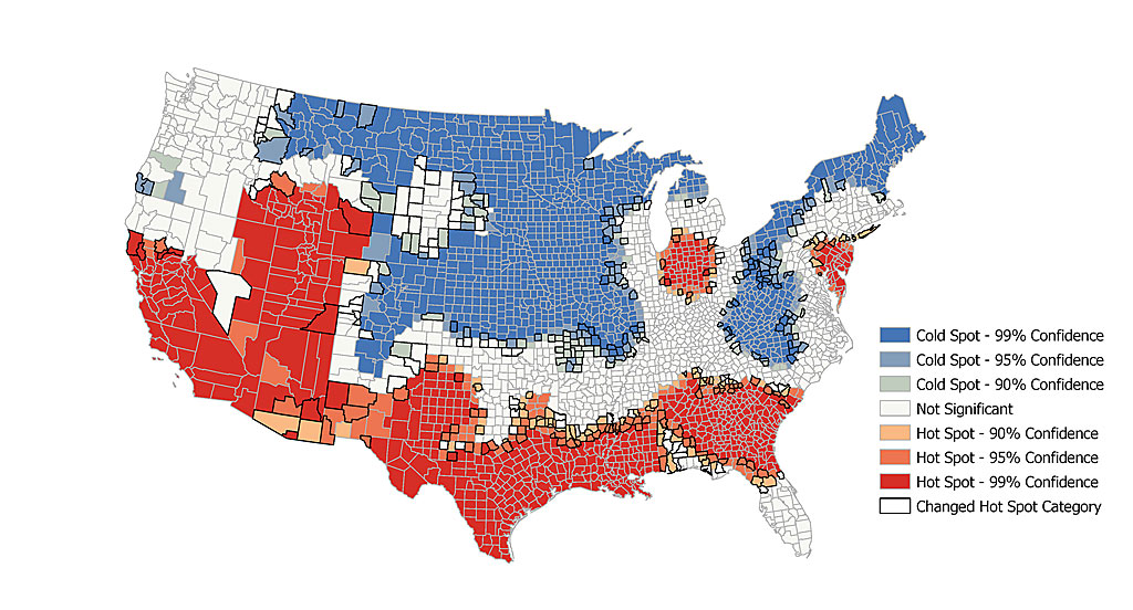 Map shows hot spot analysis of 2010 average household