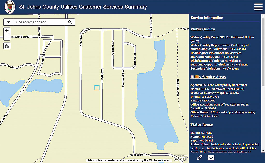 Customer Services Summary application informs users of services available in the area, provides links to rate and water quality information