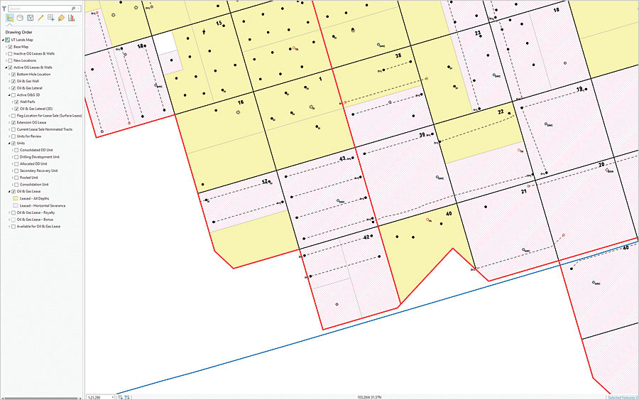 Analysts use ArcGIS Pro mostly to view wells, laterals, and leases. This map shows them in 2D.