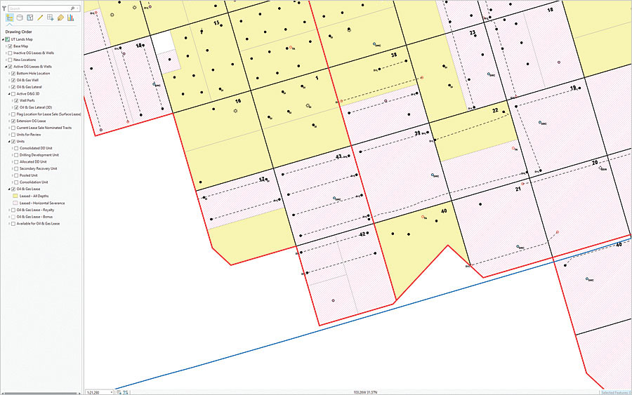 Analysts use ArcGIS Pro mostly to view wells, laterals, and leases. This map shows them in 2D. Analysts use ArcGIS Pro mostly to view wells, laterals, and leases. This map shows them in 2D.