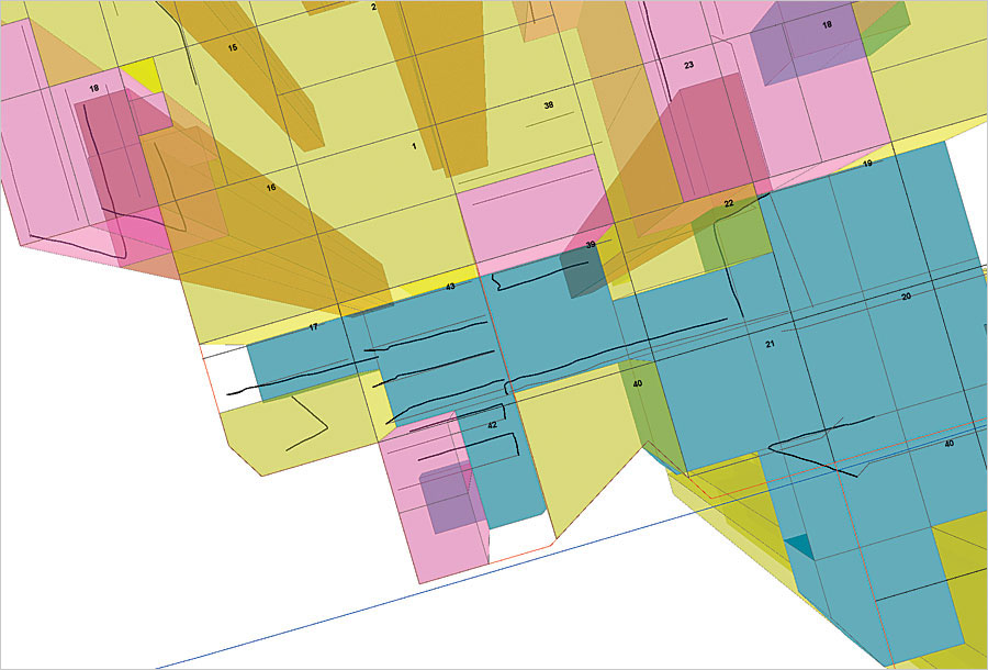 This map shows the wells, laterals, and leases in 3D, making it easier to see the depths of the mineral deposits and the horizontal wells (laterals) being used to extract oil and gas.