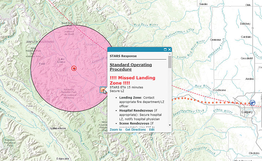 ArcGIS GeoEvent Server alerts STARS dispatchers if they miss an action, such as securing a landing zone.