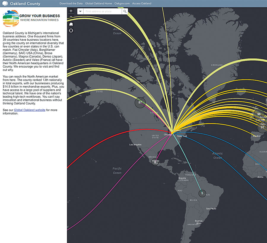 The Global Oakland web app markets Michigan as a great place for businesses from around the world to open new locations.