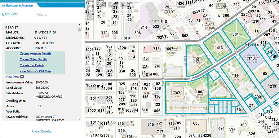 Citizens, businesses, and city staff can use the Medford Land Information (MLI) system to search for information about county parcel taxes, sales, and details, as well as to view parcel maps.