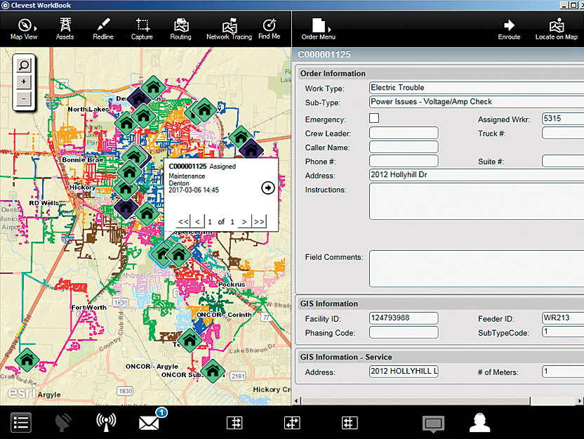 The real-time map view in the Clevest Mobile Workforce Management solution allows employees at Denton Municipal Electric (DME) to instantly filter items such as electric orders, outages, and locates.