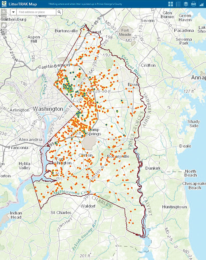 PGCLitterTRAK connects directly to LitterTRAK Map, an internal web-based map that employees at Prince George’s County can use to visualize the incoming data and make decisions about where to best allocate resources.