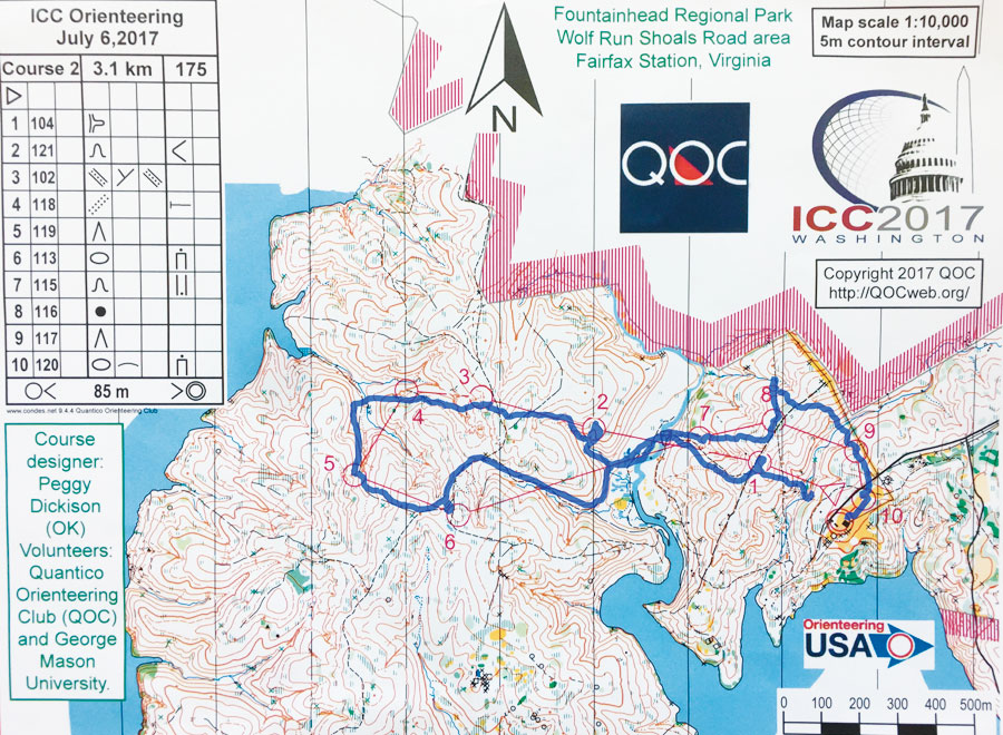 Using what his GPS watch recorded during the race, Menno-Jan Kraak plotted his path in blue on the orienteering map.