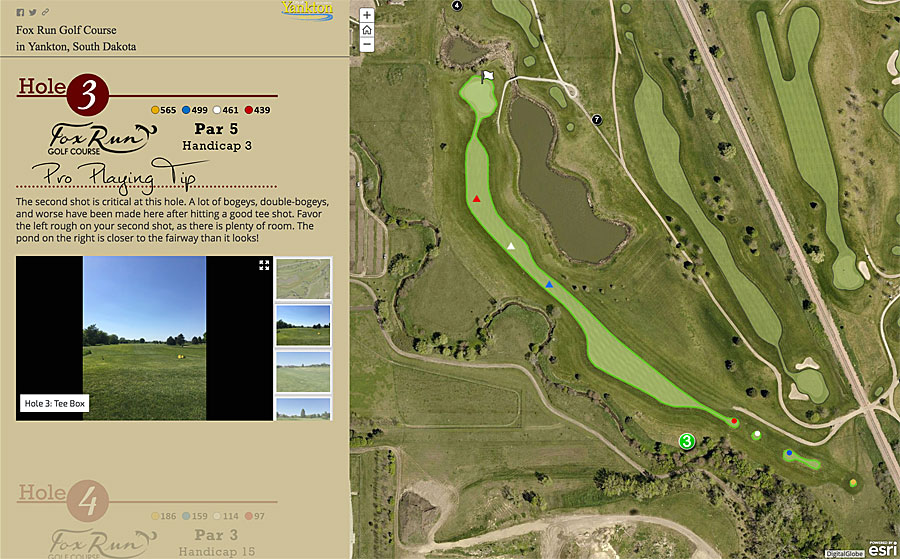 Each hole featured in this story map of the Fox Run Golf Course in Yankton, South Dakota, includes a pro playing tip.