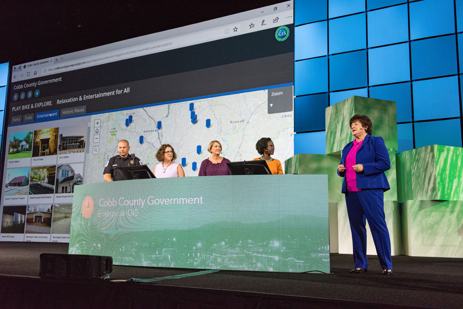 Sharon Stanley (standing to the far right), director of the Information Services Department for Cobb County, talked about the importance of making the county’s enterprise GIS easy enough for people outside the GIS department to use the technology.