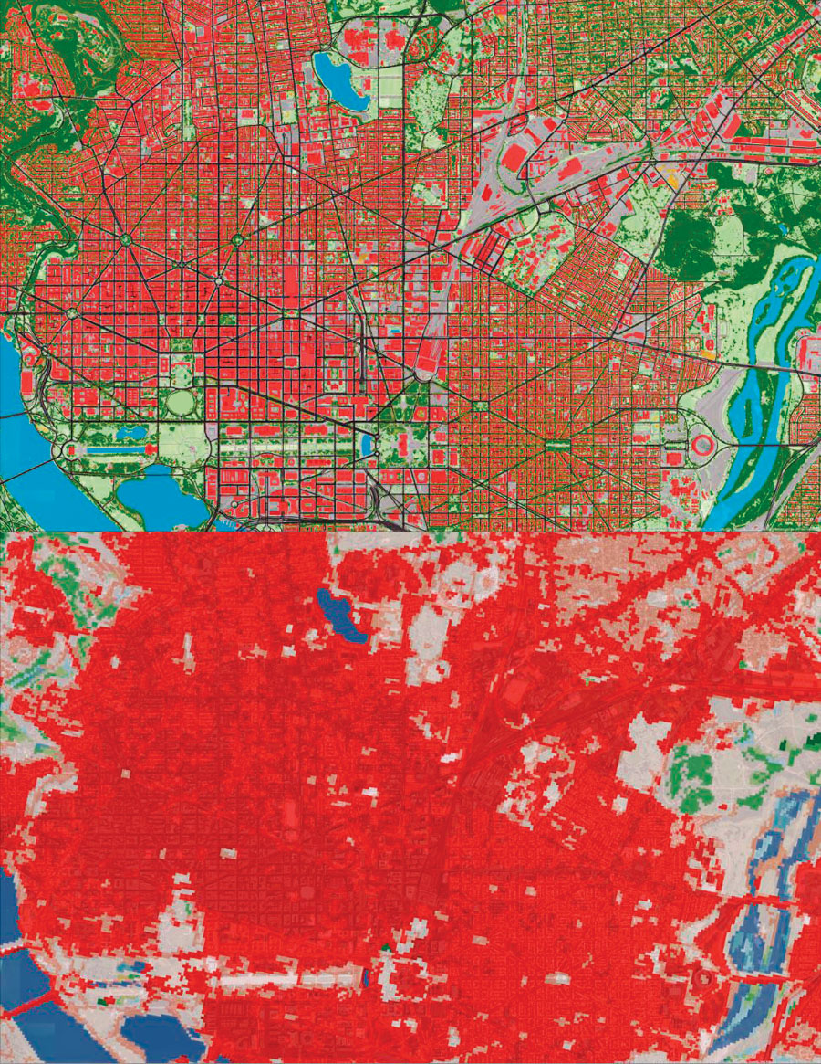 Compared to the National Land Cover Database (bottom), the Chesapeake Conservancy's high-resolution land-cover dataset (top) can break down dense urban development in places like Washington, DC, into details—such as buildings, roads, and street trees—that are valuable for planning restoration projects.