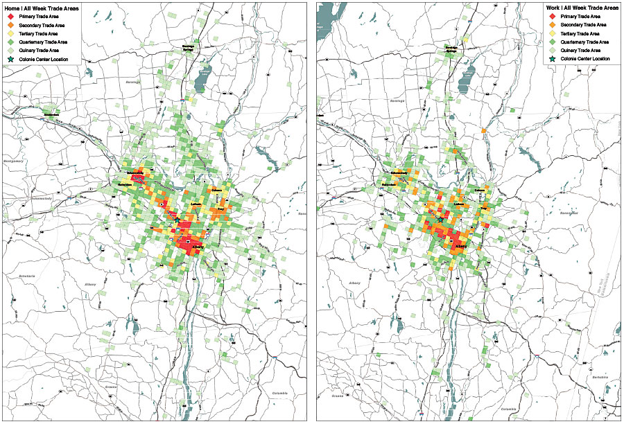 Using two GPS datasets, the Shopping Center Group highlighted the differences between the home locations of people who frequent Colonie Center in Albany, New York, and the work locations of those who patronize the same shopping center. The company can then use Esri Business Analyst Online to uncover slight variations in the demographics and psychographics of Colonie Center guests.