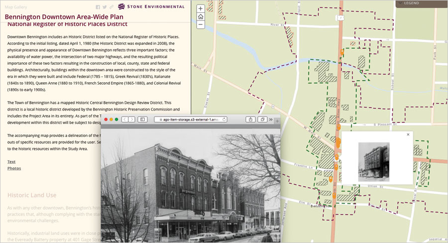 With help from Stone Environmental, Bennington, Vermont, built a story map that summarizes the town's economic history and proposed development scenarios.