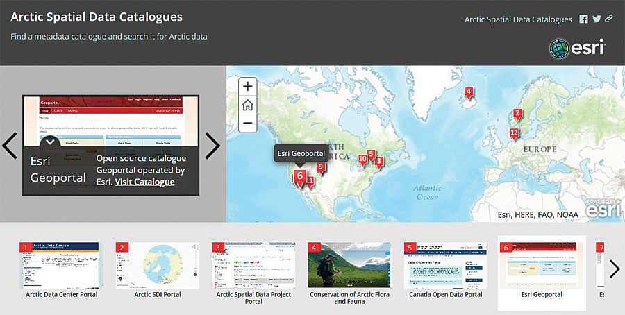 Esri Geoportal Server lets users discover and apply geospatial resources—including datasets, images, and web services—in the Arctic and across the globe.