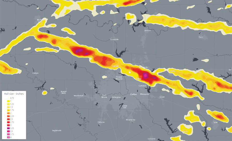 Users can quickly add past, present, and future weather data to their maps and apps to analyze, for example, how hail in North Texas contributed to more than $1 billion in losses.