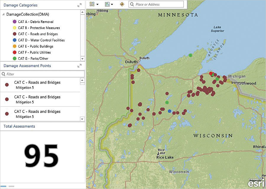 Decision-makers at Wisconsin Emergency Management (WEM) and the Federal Emergency Management Agency (FEMA) used Operations Dashboard for ArcGIS to see the damage cost assessments as they came in from the field.