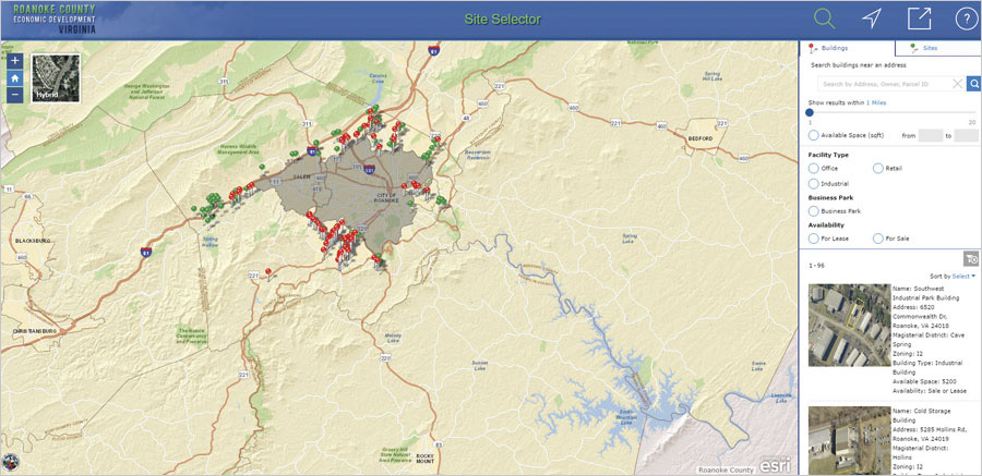 Roanoke County's Site Selector app, developed by GISinc, helps businesses find available buildings and sites.