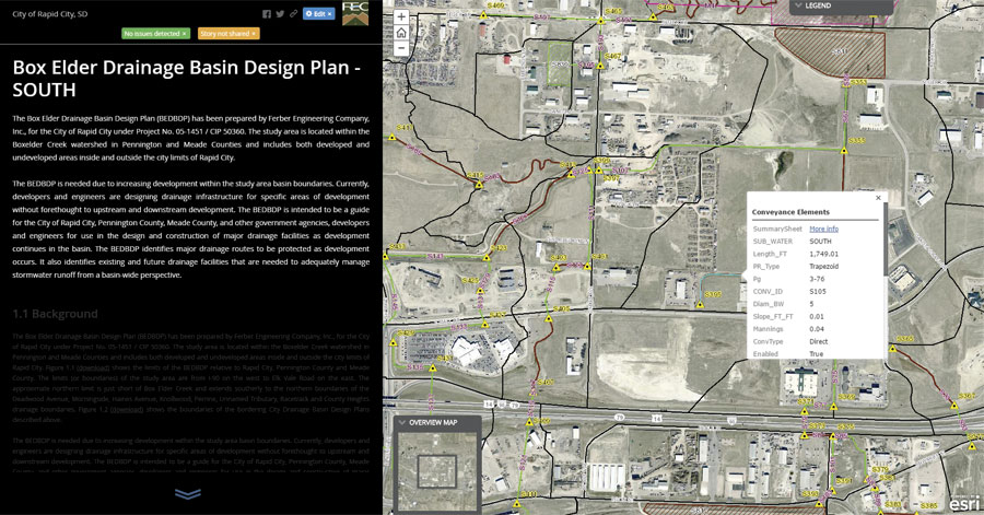 Ferber Engineering Company put together story maps to help staff at the City of Rapid City easily access the findings and recommendations from the Box Elder Drainage Basin Design Plan.