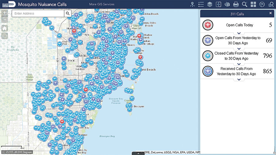 When cases of the Zika virus emerged, Fuentes and the GIS team jumped right in to help Miami-Dade County by mapping spray zones and mosquito-related 311 calls.