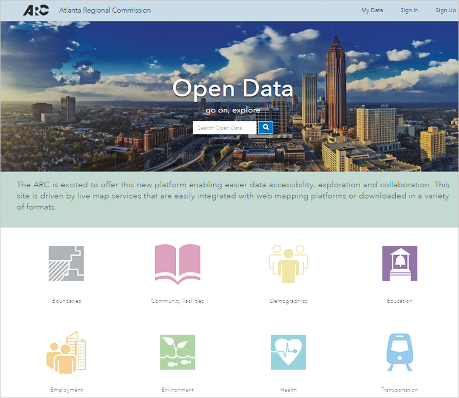 The Atlanta Regional Commission's Open Data site is driven by live map services that integrate easily with web mapping platforms and can be downloaded in a variety of formats.