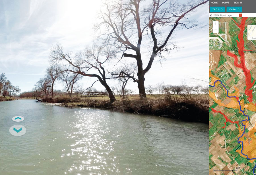 FishViews offers virtual river tours with snapshot 360-degree views taken midstream. GIS shows a corresponding map and river status records.