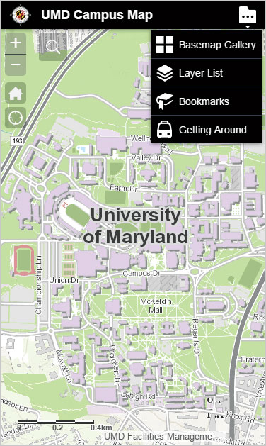 The award-winning UMD Interactive Campus Web Map is optimized for use on both desktop browsers and mobile devices.