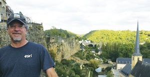 Dan Seidensticker, a GIS specialist wore his Esri T-shirt to Luxembourg City, Luxembourg