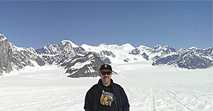 Mike Clark, a GIS database administrator wore his Esri T-shirt on Ruth Glacier near Mount Denali, Alaska